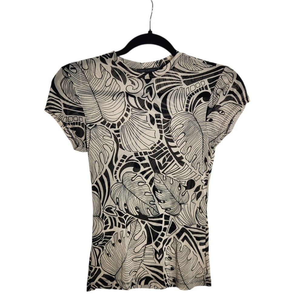 The Limited Womens Mesh Tropical Palm Print Short Sleeve Top Tan Black Medium